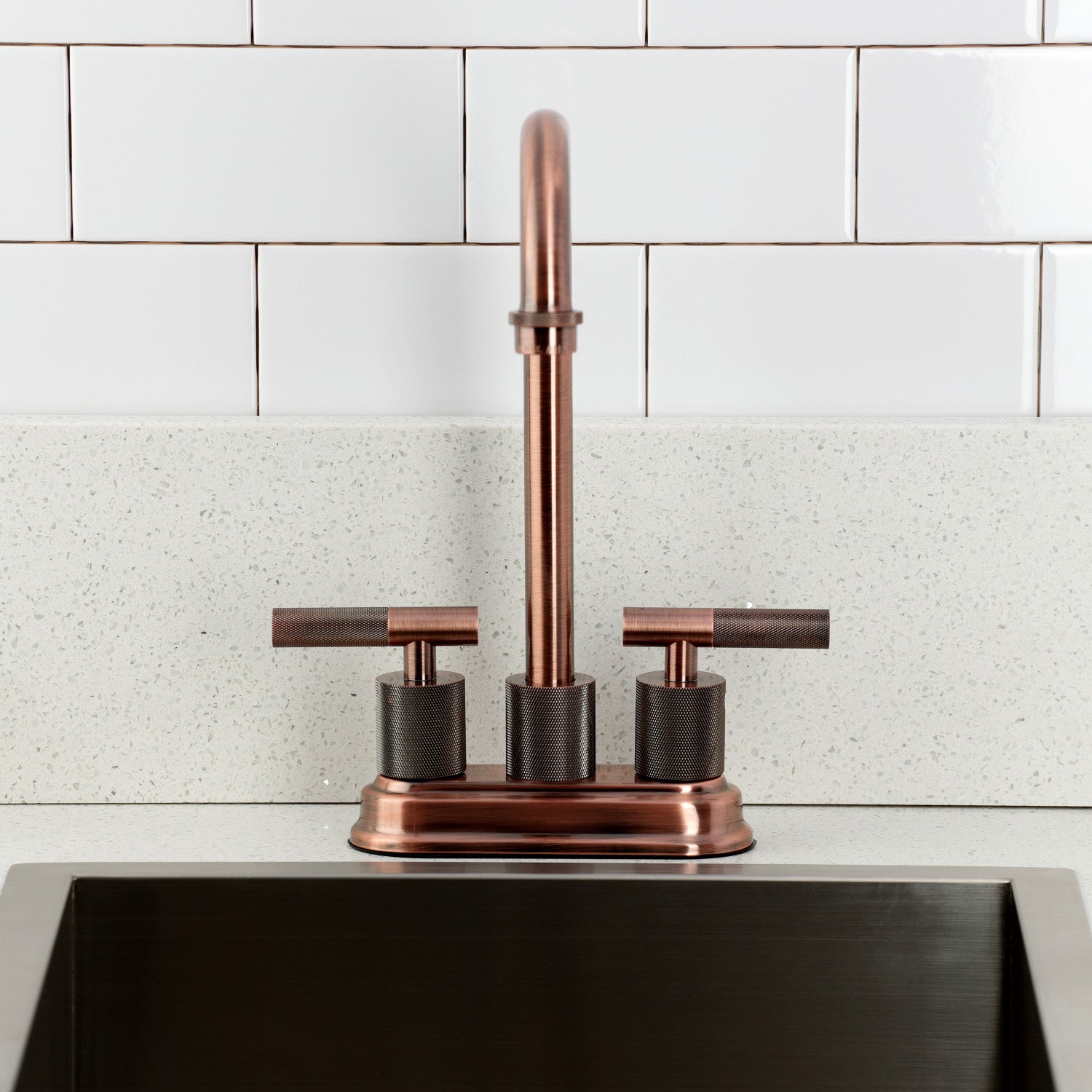 Kingston Tulare KB549KNLAC - Convergent Two-Handle 2-Hole Deck Mount Bar Faucet with Knurled Handle, Antique Copper — thumbnail 3